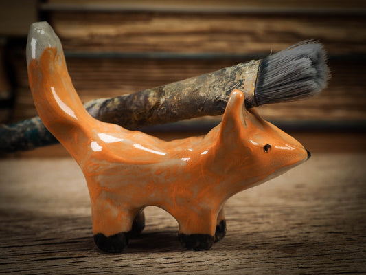 Original handmade ceramic artist color pencil brush holder red fox by Idania Salcido, Danita Art. Unique ceramic art designed and hand built Idania Salcido beautiful handmade touch to any artist's studio with handmade glazed ceramic good for watercolors acrylics inks and oil paints. Clean with water or mineral spirits.
