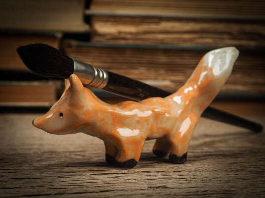Original handmade ceramic artist color pencil brush holder red fox by Idania Salcido, Danita Art. Unique ceramic art designed and hand built Idania Salcido beautiful handmade touch to any artist's studio with handmade glazed ceramic good for watercolors acrylics inks and oil paints. Clean with water or mineral spirits.