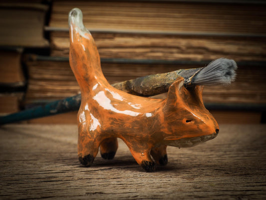 Original handmade ceramic artist color pencil brush holder red fox by Idania Salcido, Danita Art. Unique ceramic art designed and hand built Idania Salcido beautiful handmade touch to any artist's studio with handmade glazed ceramic good for watercolors acrylics inks and oil paints. Clean with water or mineral spirits.