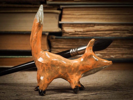 Original handmade ceramic artist color pencil brush holder red fox by Idania Salcido, Danita Art. Unique ceramic art designed and hand built Idania Salcido beautiful handmade touch to any artist's studio with handmade glazed ceramic good for watercolors acrylics inks and oil paints. Clean with water or mineral spirits.