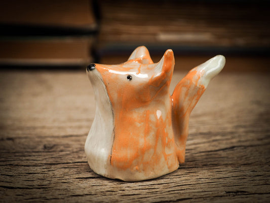 Original handmade ceramic artist color pencil brush holder red fox by Idania Salcido, Danita Art. Unique ceramic art designed and hand built Idania Salcido beautiful handmade touch to any artist's studio with handmade glazed ceramic good for watercolors acrylics inks and oil paints. Clean with water or mineral spirits.