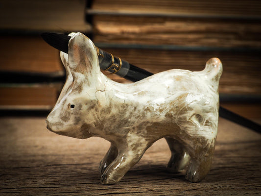 Original handmade ceramic artist color pencil brush holder rabbit by Idania Salcido, Danita Art. Unique ceramic art designed and hand built Idania Salcido beautiful handmade touch to any artist's studio with handmade glazed ceramic good for watercolors acrylics inks and oil paints. Clean with water or mineral spirits.