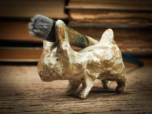 Original handmade ceramic artist color pencil brush holder rabbit by Idania Salcido, Danita Art. Unique ceramic art designed and hand built Idania Salcido beautiful handmade touch to any artist's studio with handmade glazed ceramic good for watercolors acrylics inks and oil paints. Clean with water or mineral spirits.