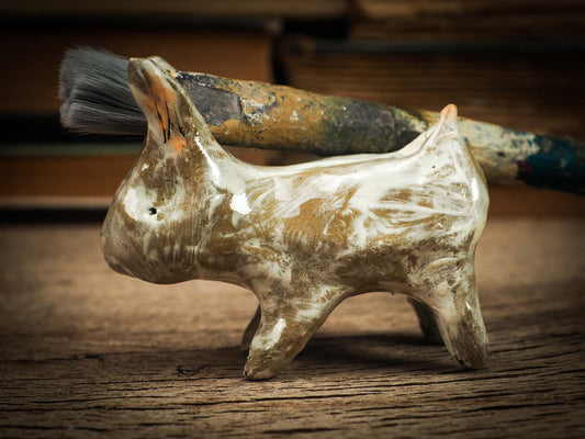Original handmade ceramic artist color pencil brush holder rabbit by Idania Salcido, Danita Art. Unique ceramic art designed and hand built Idania Salcido beautiful handmade touch to any artist's studio with handmade glazed ceramic good for watercolors acrylics inks and oil paints. Clean with water or mineral spirits.