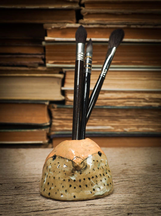 Original handmade ceramic artist color pencil brush holder bird by Idania Salcido, Danita Art. Unique ceramic art designed and hand built Idania Salcido. A beautiful handmade touch to any artist's studio with handmade glazed ceramic good for watercolors acrylics inks and oil paints. Clean with water or mineral spirits.