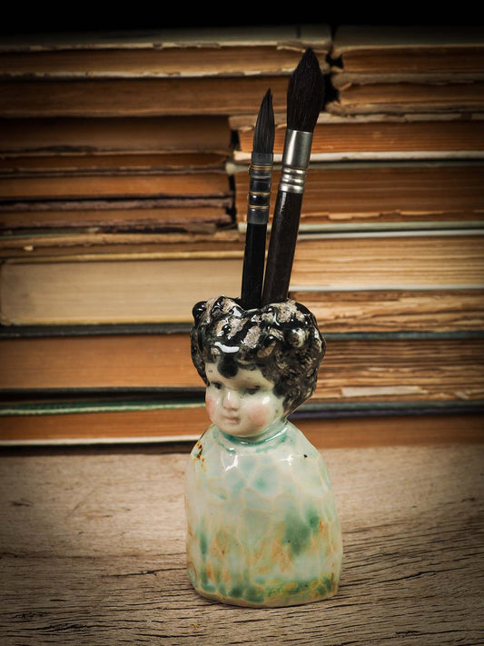 Original handmade ceramic artist brush and pencil holder by Idania Salcido, Danita Art. A unique ceramic artwork designed and hand built Idania Salcido. A beautiful handmade touch to any artist's studio with handmade glazed ceramic good for watercolors acrylics inks and oil paints. Clean with water or mineral spirits.