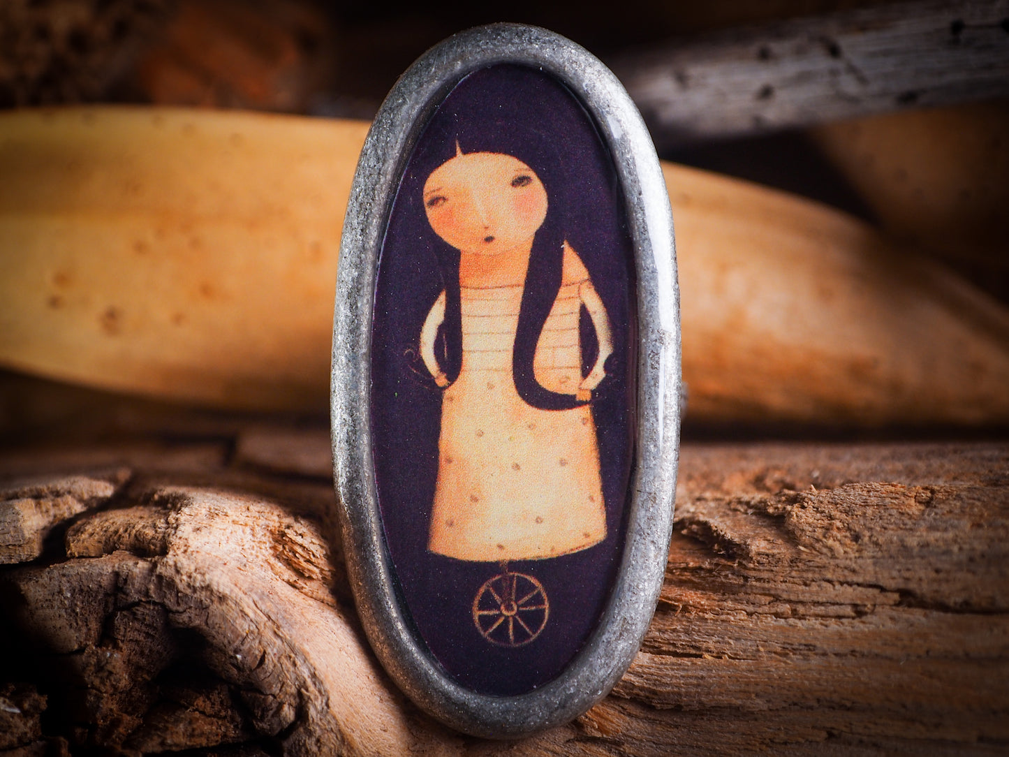 An original, one of a kind handmade jewelry by Idania Salcido, the artist behind Danita Art. Adjustable ring to different finger sizes, the oval image will create a statement of boldness and confidence that will draw looks and attention to your hands when you wear this powerful little piece with one of my favorite image.