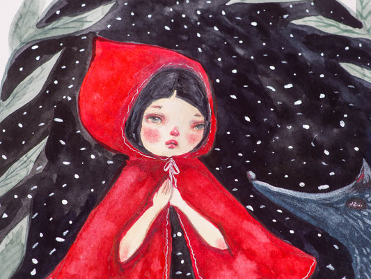 Danita loves painting Little Red riding Hood and the Wolf. This time, it's a 8 x 8 watercolor original, where I painted the wold in gray and silver paint and Little Red Riding Hood is wearing a bright red cape with intricate watercolor shades and silverly thread details on her cape.