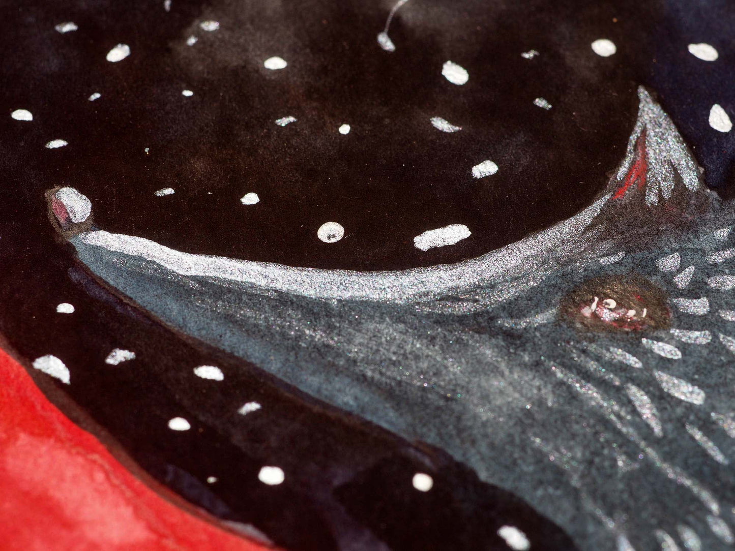 Danita loves painting Little Red riding Hood and the Wolf. This time, it's a 8 x 8 watercolor original, where I painted the wold in gray and silver paint and Little Red Riding Hood is wearing a bright red cape with intricate watercolor shades and silverly thread details on her cape.