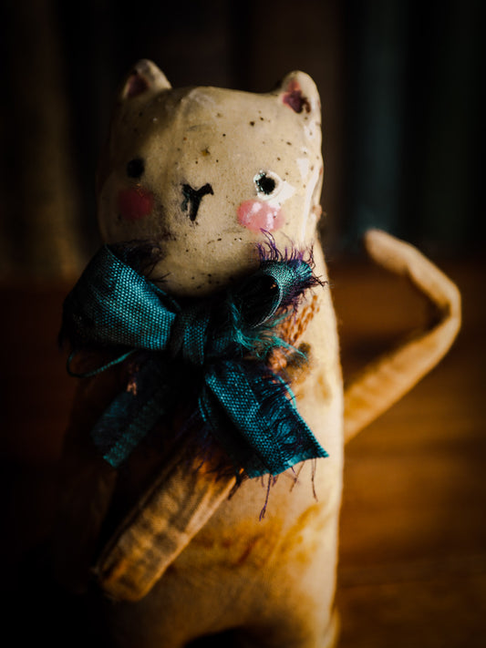 Kitty Cat Pussy Woodlands Soft sculpture art doll by Idania Salcido Danita Art with a Handmade ceramics face, organic dyed fabric and silk bow