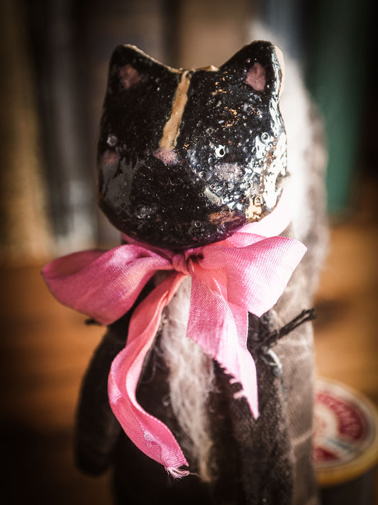 Skunk Toy Woodlands Soft sculpture art doll by Idania Salcido Danita Art with a Handmade ceramics face, organic dyed fabric and silk bow