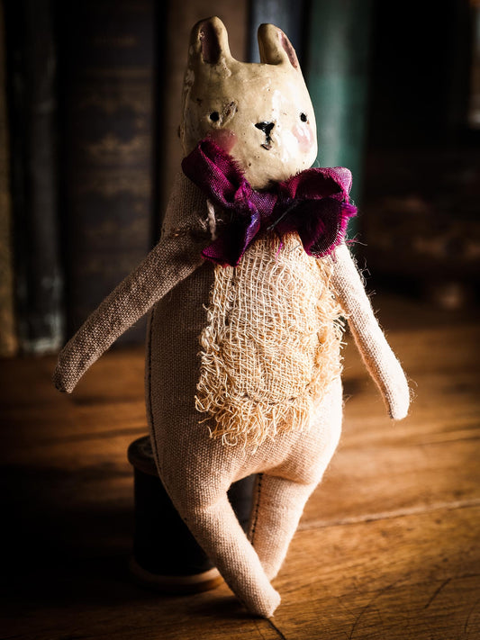 Bunny Rabbit Woodlands Soft sculpture art doll by Idania Salcido Danita Art with a Handmade ceramics face, organic dyed fabric and silk bow