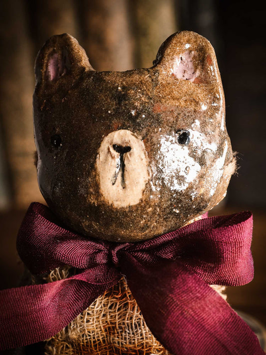 Brown Bear Woodlands Soft sculpture toy art doll by Idania Salcido Danita Art with a Handmade ceramics face, organic dyed fabric and silk bow