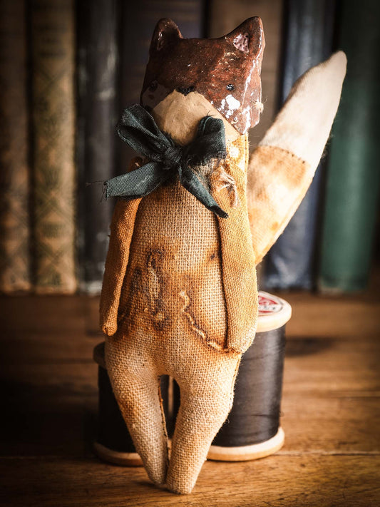 Red Fox Woodlands Soft sculpture art doll toy by Idania Salcido Danita Art with a Handmade ceramics face, organic dyed fabric and silk bow