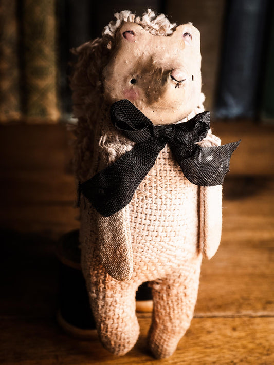 Hedgehog Vintage Looking Toy Woodlands Soft sculpture art doll by Idania Salcido Danita Art with a Handmade ceramics face, organic dyed fabric and silk bow