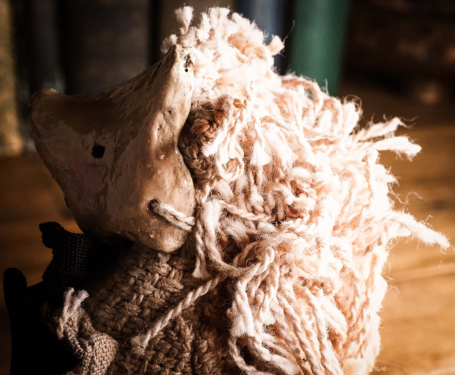 Vintage Looking Toy Woodlands Soft sculpture art doll by Idania Salcido Danita Art with a Handmade ceramics face, organic dyed fabric and silk bow