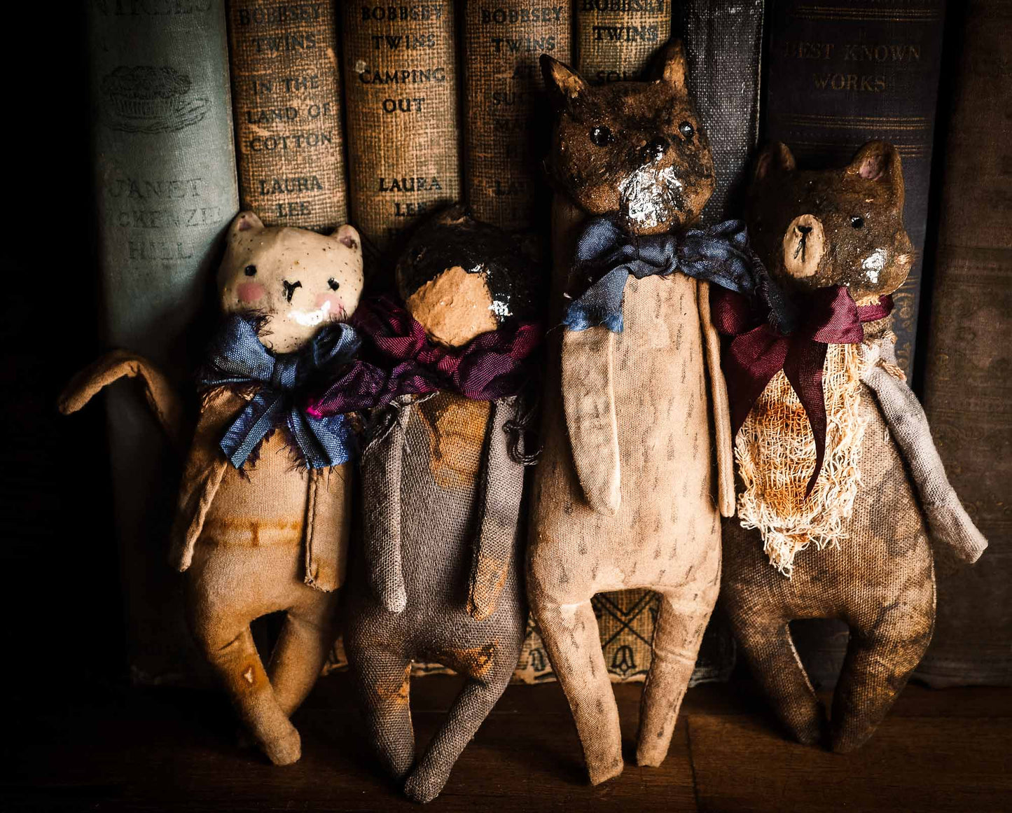 Woodlands Collection Of Unique Soft sculpture art doll by Idania Salcido Danita Art with a Handmade ceramics face, organic dyed fabric and silk bows