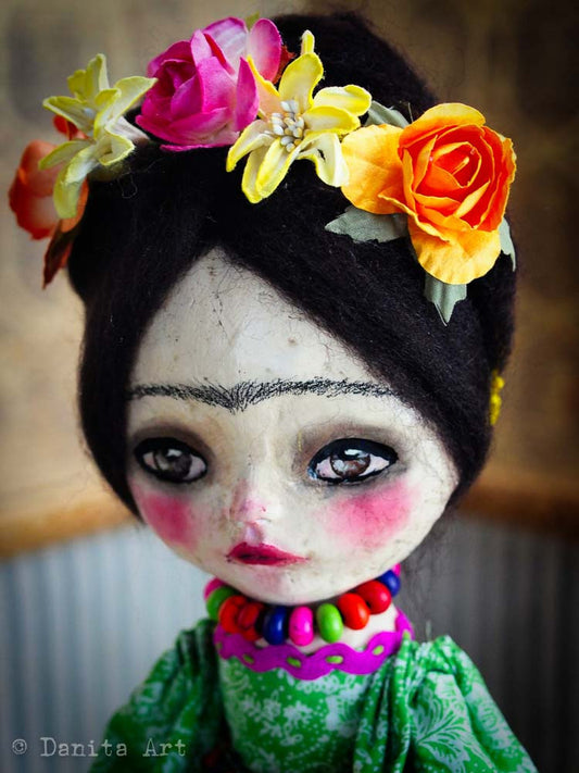 Frida and the skulls, Art Doll by Danita Art