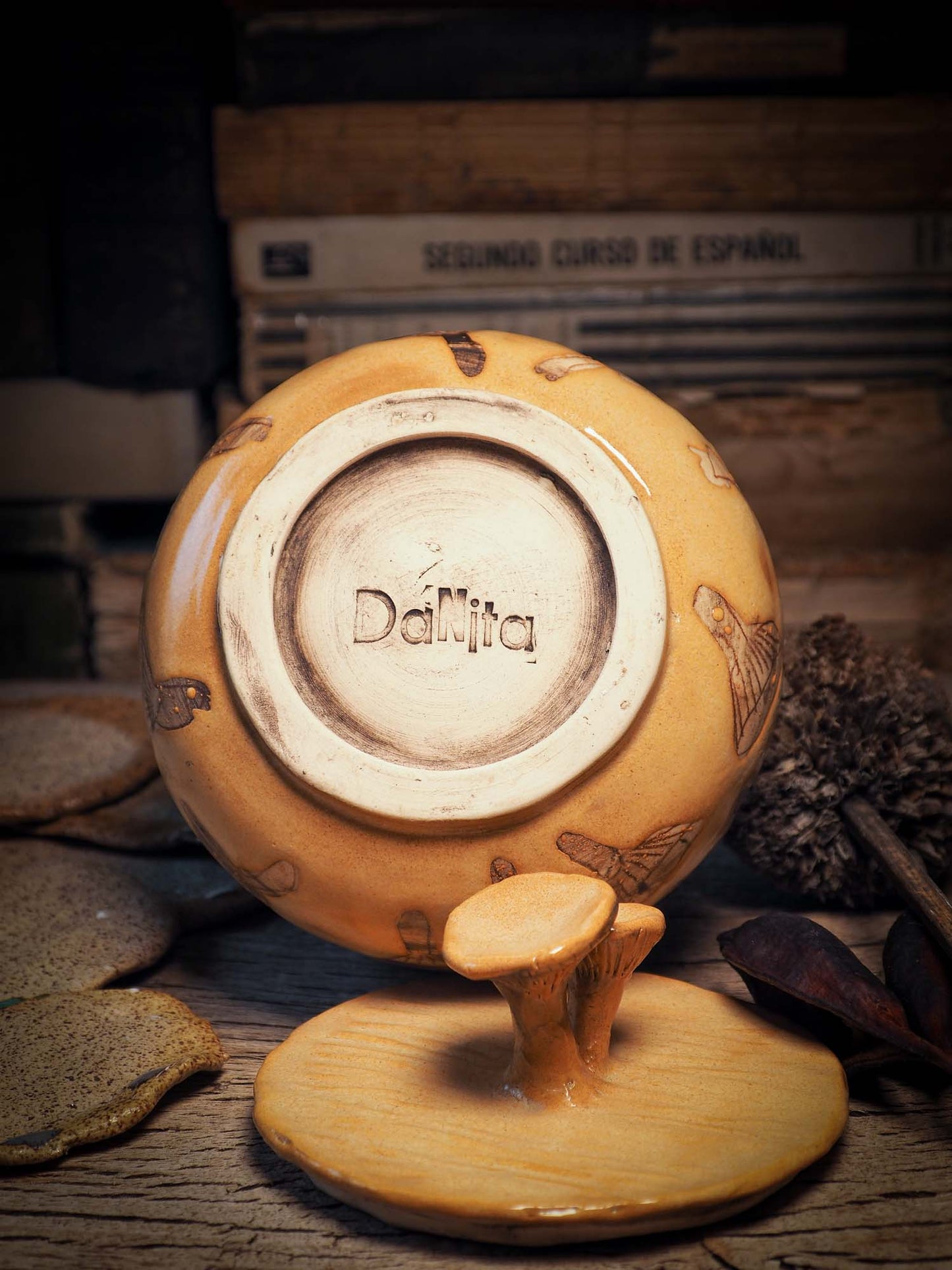 This handmade ceramic jar with lid was created by me, Idania Salcido, the artist behind Danita Art on my studio with lots of love. It features sgraffito mushrooms with beautiful warm color glaze and mushrooms on the lid. It will be perfect to keep everything you love safe and away from prying eyes.