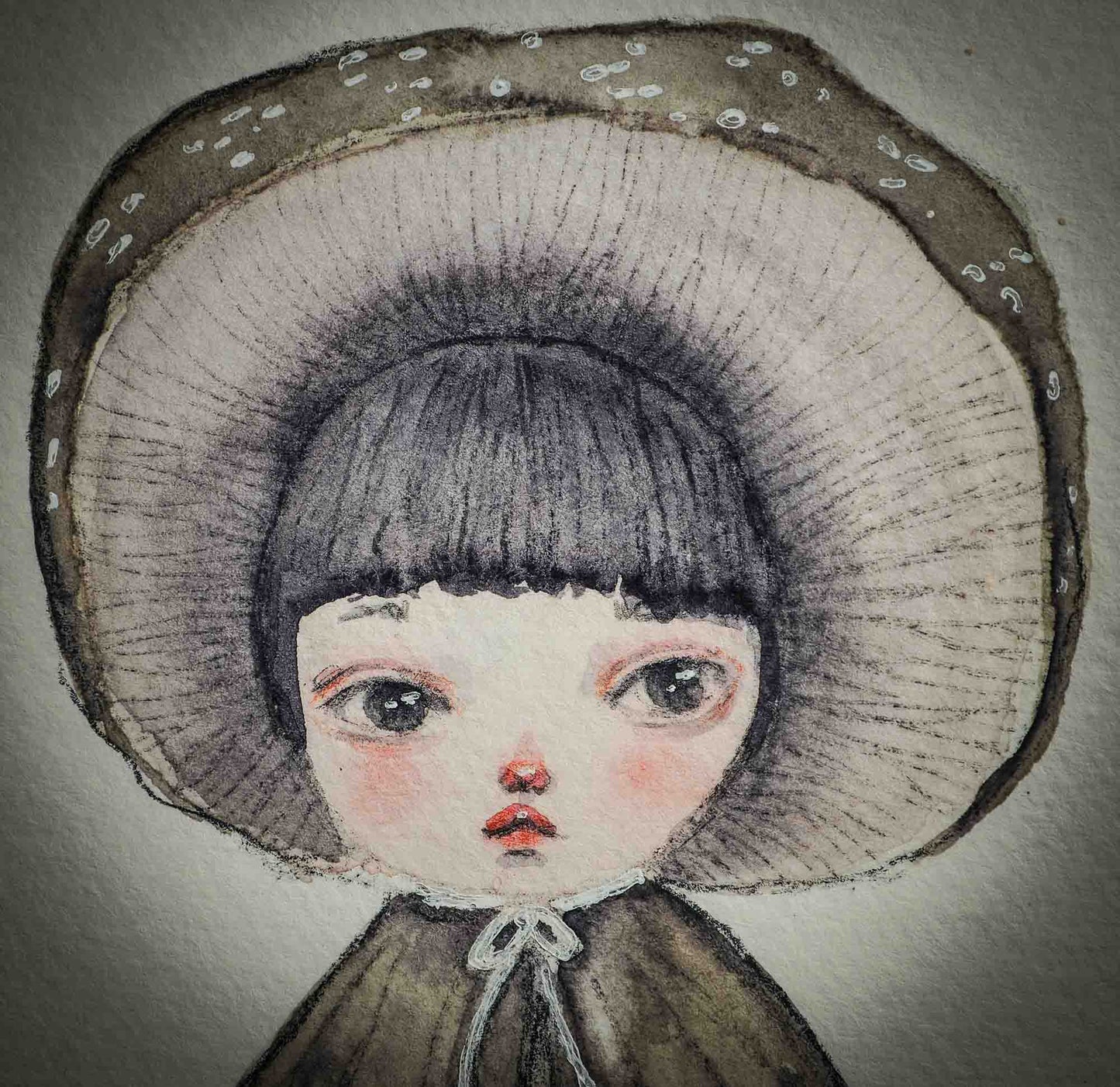This series of original watercolors portraits by me, Idania Salcido, the artist behind Danita Art, depicts a group of faeries, or maybe girls, playing as mushrooms, with their caps as hats, my signature beautiful and expressive eyes, and capes as their clothes. They are ready to be framed as soon as they arrive!