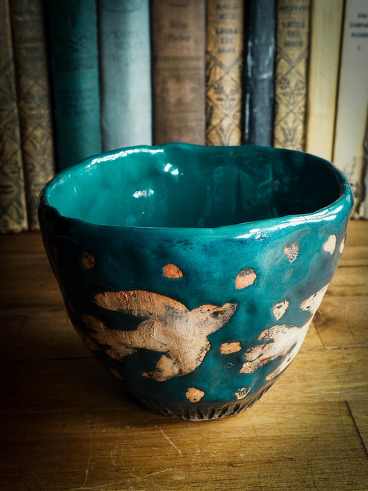 An original Idania Salcido Danita Art pinched ceramic free turquoise birds art bowl. Handmade from locally foraged clay, this glazed ceramics one of a kind artwork is perfect for any kitchen plate and bowls unique collection. food safe hand wash only bowl. Blue turquoise glaze contrasts with raw clay colored flying handmade birds.