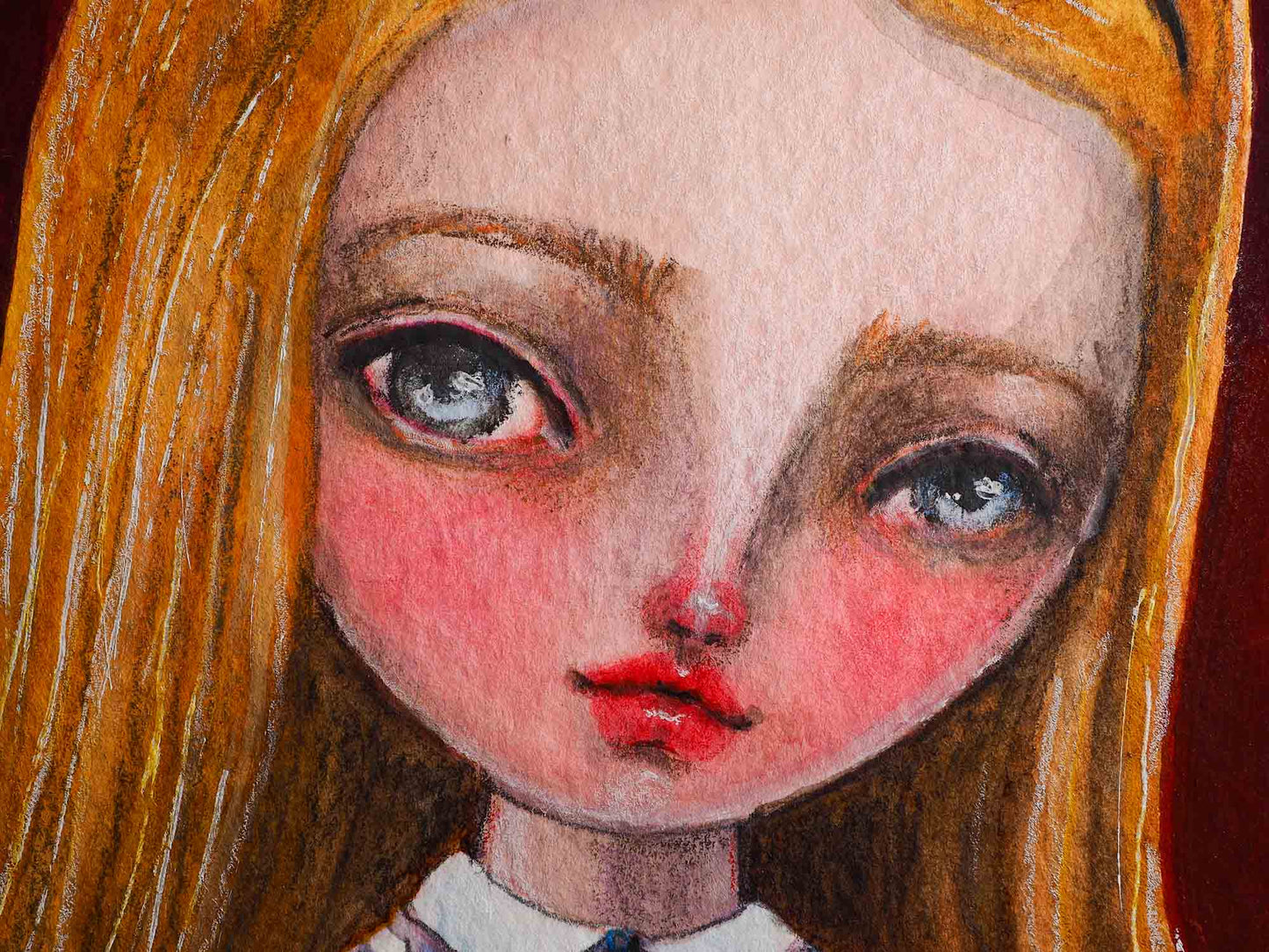 An original watercolor on paper painting by Idania Salcido The Artist behind Danita Art. Alice is holding a real playing card with the queen of hearts.