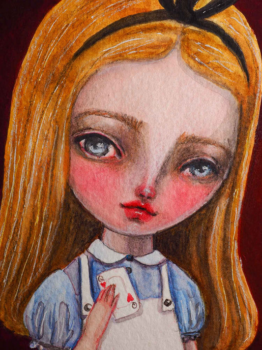 An original watercolor on paper painting by Idania Salcido The Artist behind Danita Art. Alice is holding a real playing card with the queen of hearts.
