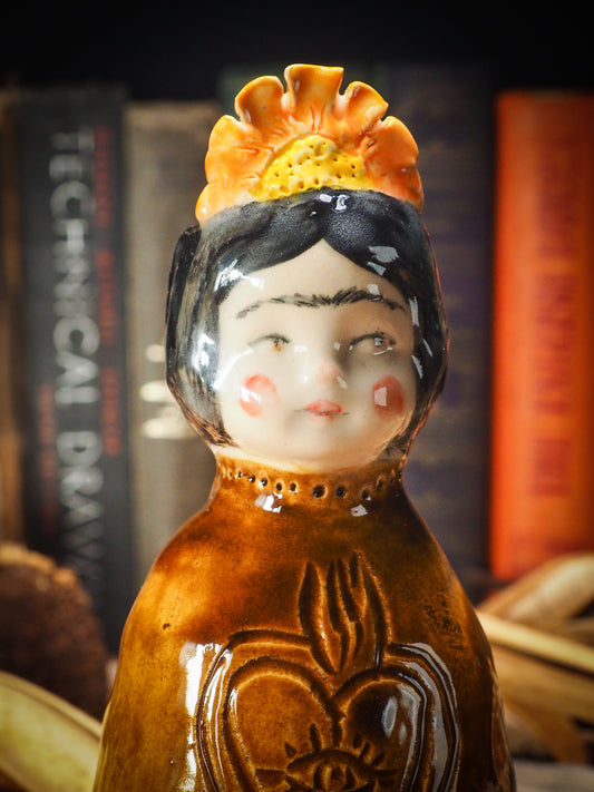 Original handmade ceramic flower vase, artist brush and pencil holder by Idania Salcido, Danita Art. Frida Kahlo with flowers in her head and sgraffito body details. Handmade touch to any artist's studio with handmade glazed ceramic good for watercolors acrylics inks and oil paints. Clean with water or mineral spirits.