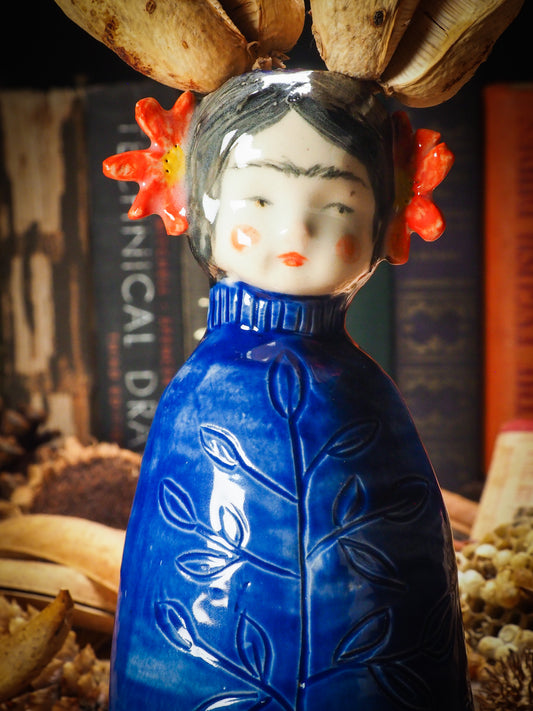 Original handmade ceramic flower vase, artist brush and pencil holder by Idania Salcido, Danita Art. Frida Kahlo with flowers in her head and sgraffito body details. Handmade touch to any artist's studio with handmade glazed ceramic good for watercolors acrylics inks and oil paints. Clean with water or mineral spirits.