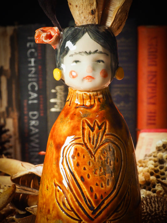 Original handmade ceramic flower vase, artist brush and pencil holder by Idania Salcido, Danita Art. Frida Kahlo with flowers in her head and sgraffito body details. Handmade touch to any artist's studio with handmade glazed ceramic good for watercolors acrylics inks and oil paints. Clean with water or mineral spirits.