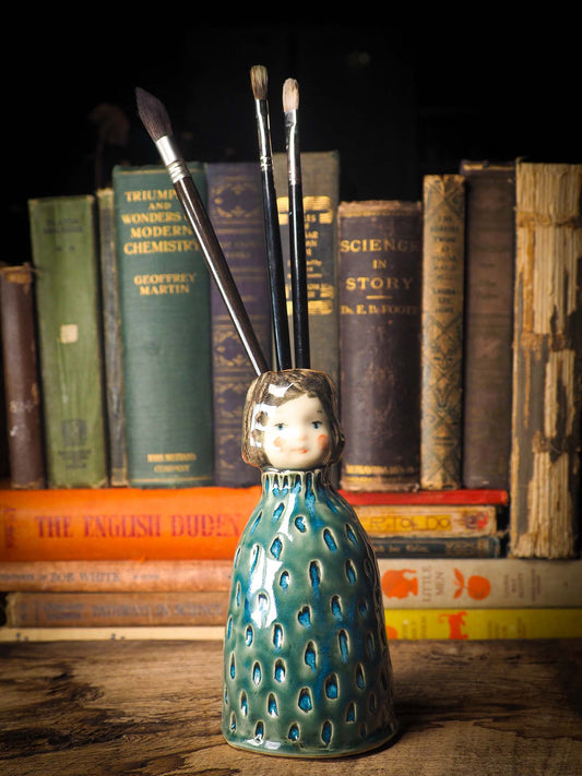 Original handmade ceramic artist paint brush holder by Idania Salcido, Danita Art. A unique work of ceramic art designed and hand built Idania Salcido. A beautiful handmade touch to any artist's studio with handmade glazed ceramic good for watercolors acrylics inks and oil paints. Clean with water or mineral spirits.