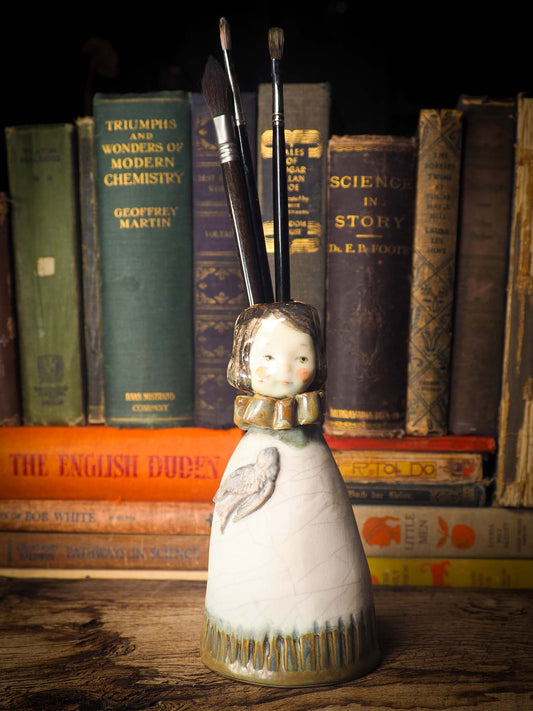 Original handmade ceramic artist paint brush holder by Idania Salcido, Danita Art. A unique work of ceramic art designed and hand built Idania Salcido. A beautiful handmade touch to any artist's studio with handmade glazed ceramic good for watercolors acrylics inks and oil paints. Clean with water or mineral spirits.