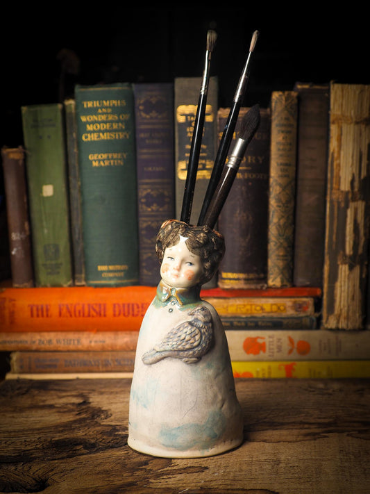 Original handmade ceramic artist paint brush holder by Idania Salcido, Danita Art. A unique work of ceramic art designed and hand built Idania Salcido. A beautiful handmade touch to any artist's studio with handmade glazed ceramic good for watercolors acrylics inks and oil paints. Clean with water or mineral spirits.