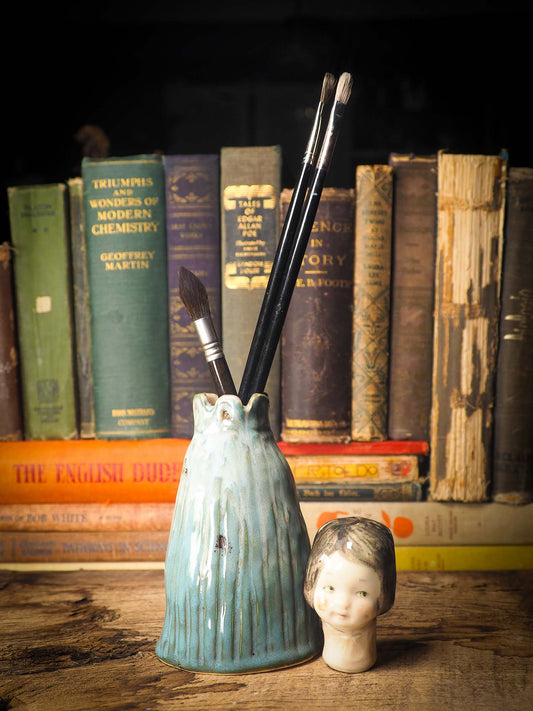 Original handmade ceramic artist paint brush holder by Idania Salcido, Danita Art. A unique work of ceramic art designed and hand built Idania Salcido. A beautiful handmade touch to any artist's studio with handmade glazed ceramic good for watercolors acrylics inks and oil paints. Clean with water or mineral spirits.