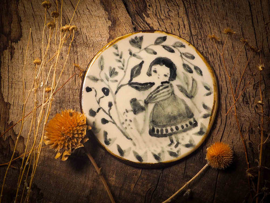 This one of a kind hand made, glazed ceramic cake plate is hand sculpted, painted and glazed by me, Idania Salcido, the artist behind Danita Art, using my very own kiln. The painting underneath the food safe glaze has a dreamy, watercolor feel to it, with a touch of vintage, so they look old, worn out.