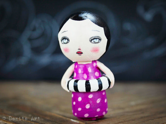 Rose, the pink summer beach kokeshi doll, Miniature Dolls by Danita Art