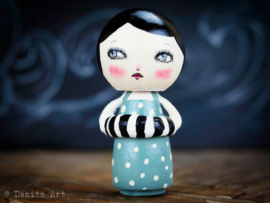 Galia, the teal summer beach kokeshi doll, Miniature Dolls by Danita Art