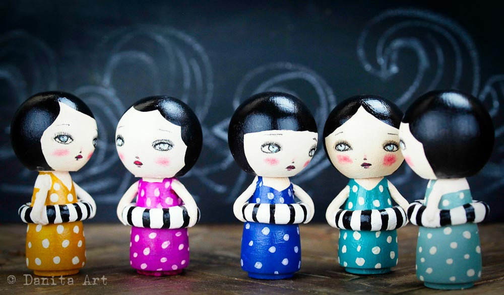 Gwen, the aqua summer beach kokeshi doll, Miniature Dolls by Danita Art