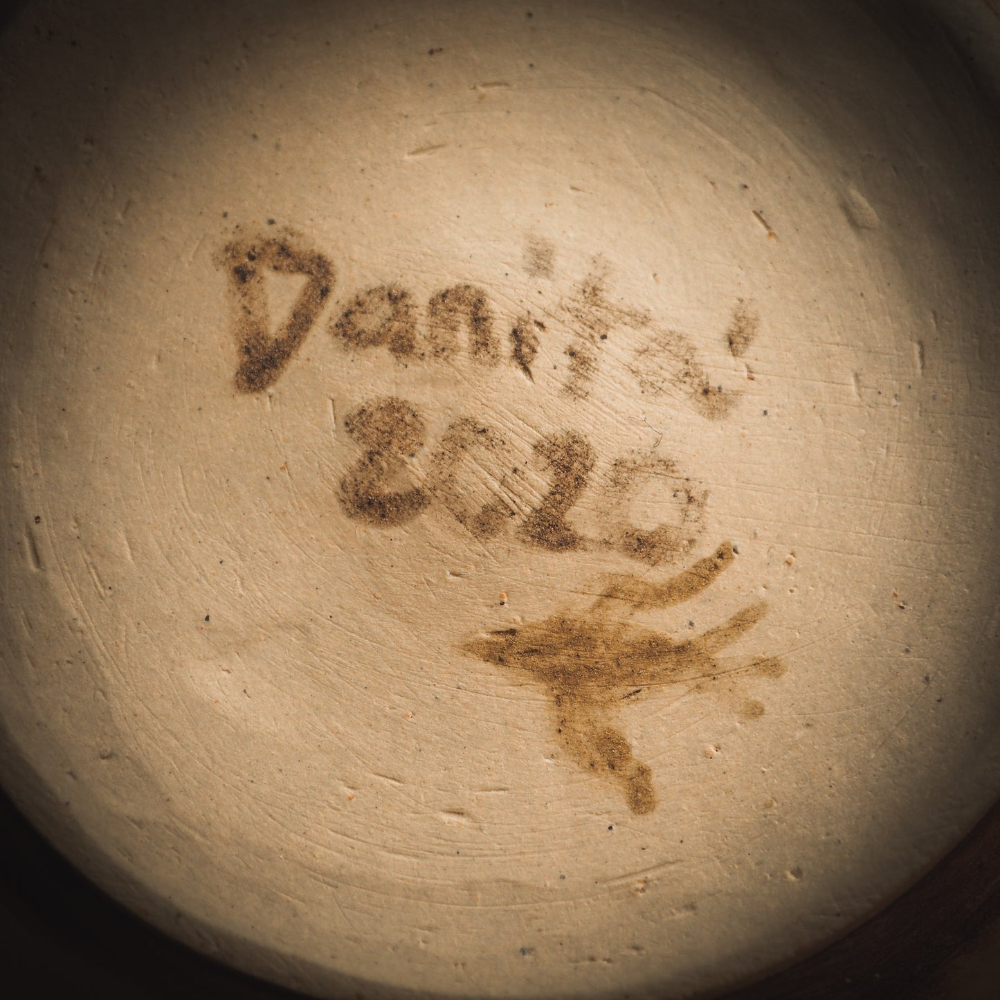 An original Idania Salcido Danita Art ceramic cat pet food plate. Handmade from stoneware, this glazed ceramics one of a kind artwork is perfect for any kitchen plate and bowls unique collection. Thumbprints and intentionally irregular shape give the bowl a cozy, warmly familiar feel when you pick it. A flock of yellow birds greets a beautiful girl in a striped dress, painted in watercolor style underglaze by Danita Art.