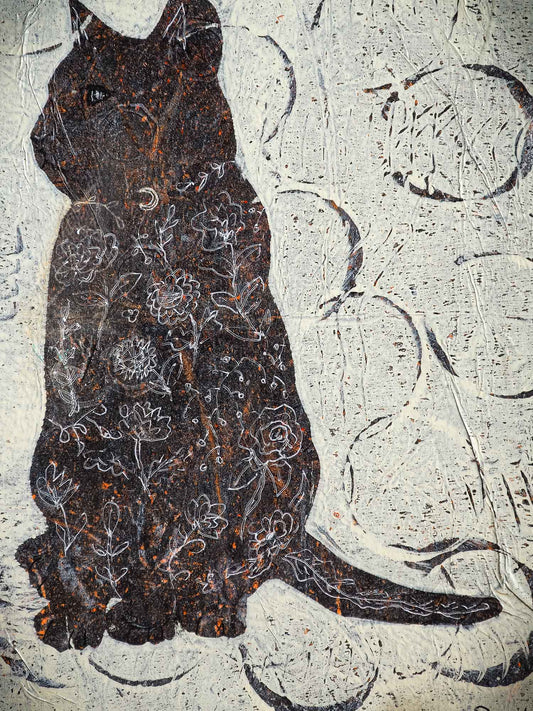 An original monoprint cat painting by mixed media artist Idania salcido the artist behind Danita Art