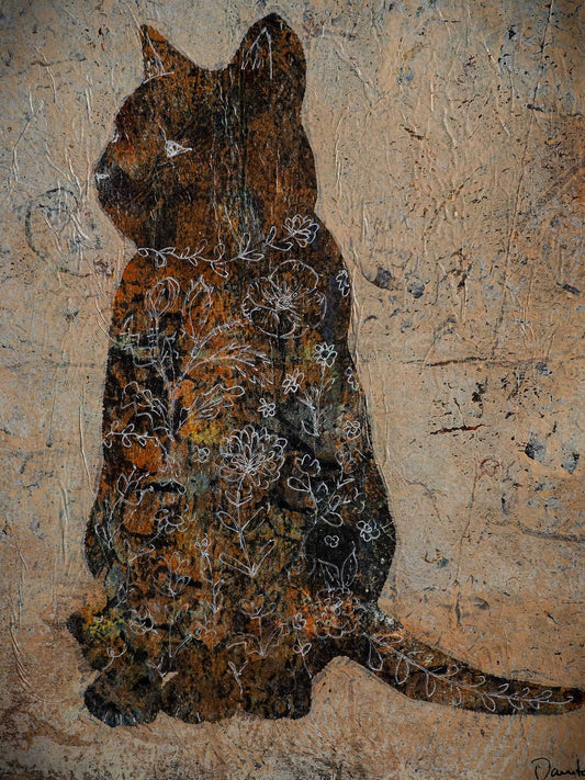 Beautiful monoprint painting in mixed media cat pet portrait by Idania salcido the artist behind Danita Art