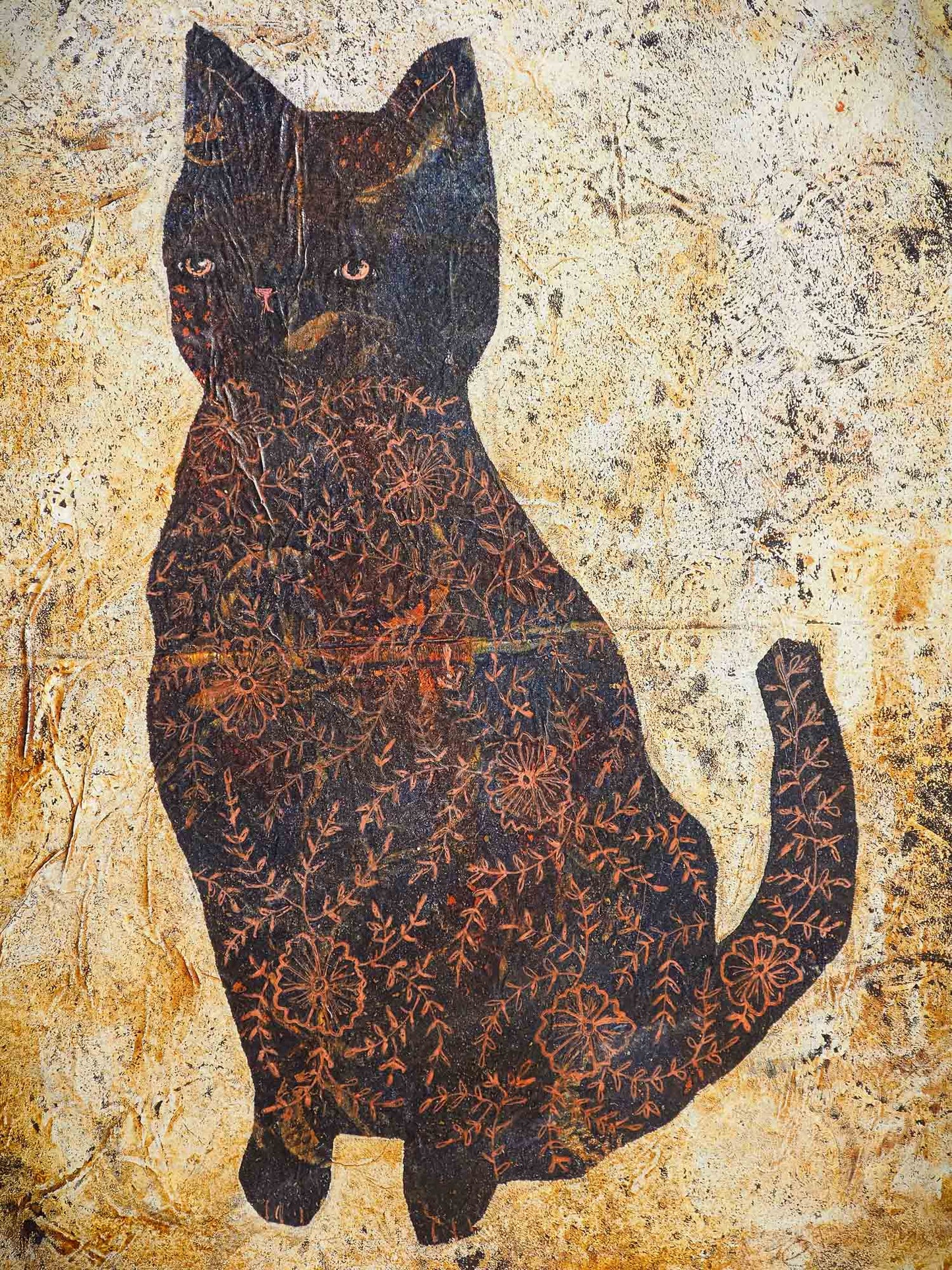Beautiful monoprint painting in mixed media cat pet portrait by Idania salcido the artist behind Danita Art