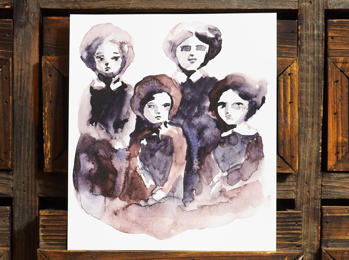 Original watercolor painting on paper by Danita Art. A vintage family portrait of four women got transformed into a beautiful watercolour painting ready to be framed and treasured as a family heirloom.