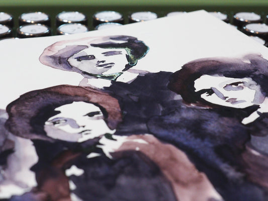 Original watercolor painting on paper by Danita Art. A vintage family portrait of four women got transformed into a beautiful watercolour painting ready to be framed and treasured as a family heirloom.