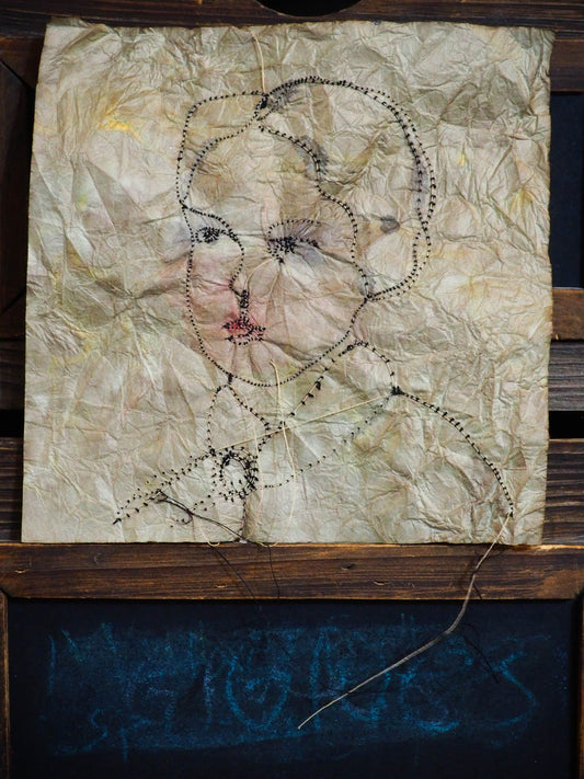 An original mixed media textile art female vintage portrait by Danita Art. Fabric paper, thread, acrylics, watercolor and inks mix to create a beautiful textile mixed media frameable work of art.