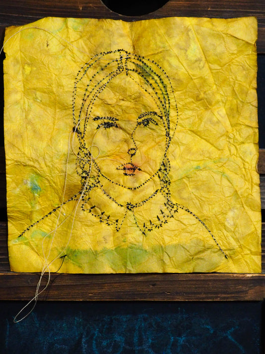 An original mixed media textile art female vintage portrait by Danita Art. Fabric paper, thread, acrylics, watercolor and inks mix to create a beautiful textile mixed media frameable work of art.