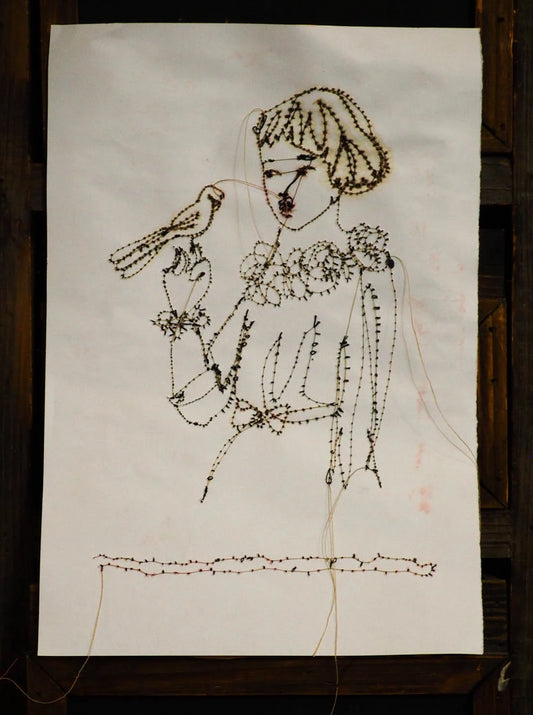 An original mixed media textile art female vintage portrait by Danita Art. Fabric paper, thread, acrylics, watercolor and inks mix to create a beautiful textile mixed media frameable work of art.