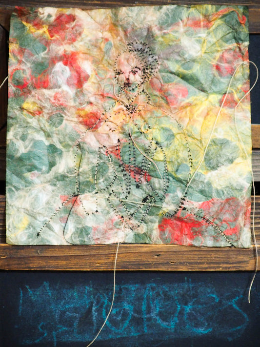 An original mixed media textile art female vintage portrait by Danita Art. Fabric paper, thread, acrylics, watercolor and inks mix to create a beautiful textile mixed media frameable work of art.