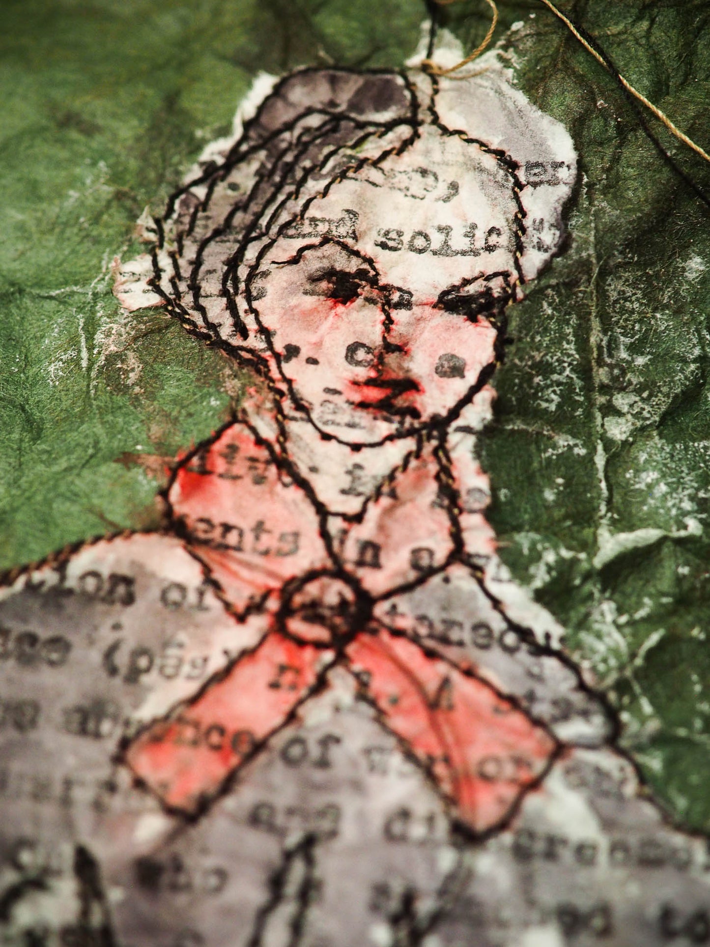 An original mixed media textile art female vintage portrait by Danita Art. Fabric paper, thread, acrylics, watercolor and inks mix to create a beautiful textile mixed media frameable work of art.