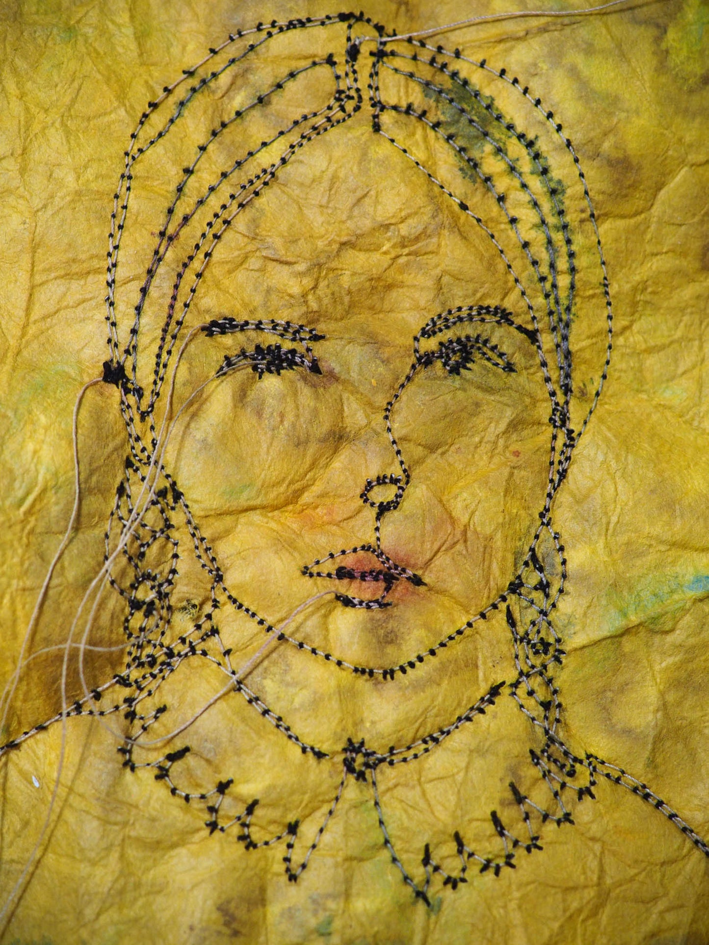 An original mixed media textile art female vintage portrait by Danita Art. Fabric paper, thread, acrylics, watercolor and inks mix to create a beautiful textile mixed media frameable work of art.